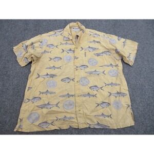 Columbia Shirt Mens L Yellow Fish Graphic Rayon Cotton Short Sleeve Button Front